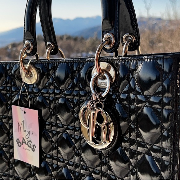 Dior: Lady Dior Charms Patent Enamel Cannage Lambskin Shoulder Handbag (Black) - Picture 7 of 16